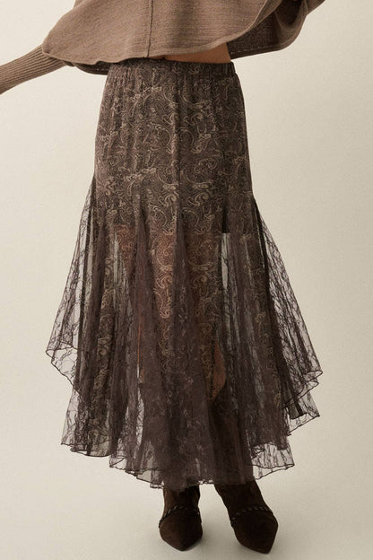 Paisley-Print Chiffon &amp; Lace Elastic-Waist Godet Maxi Skirt