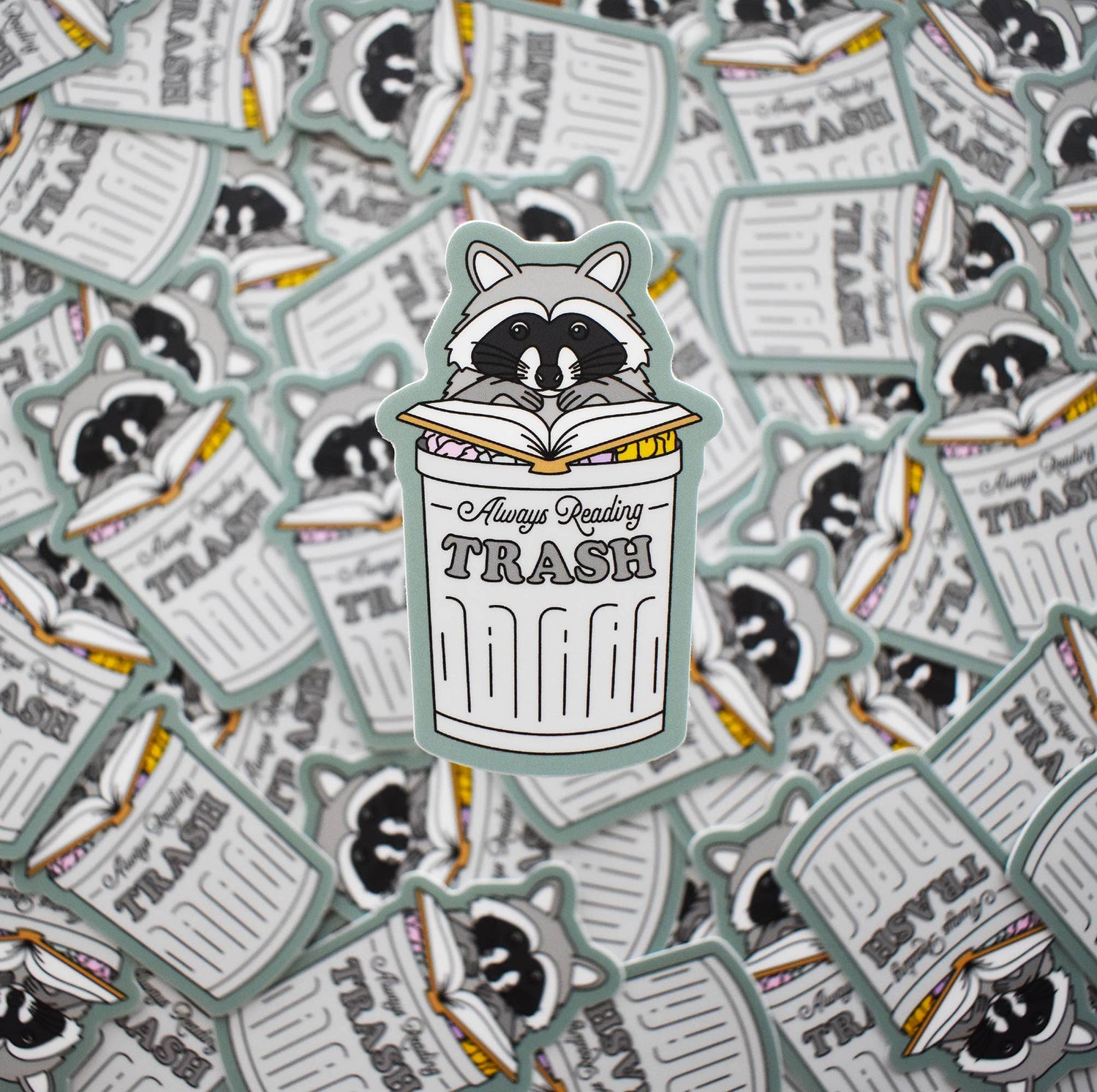 Sticker with a raccoon reading &