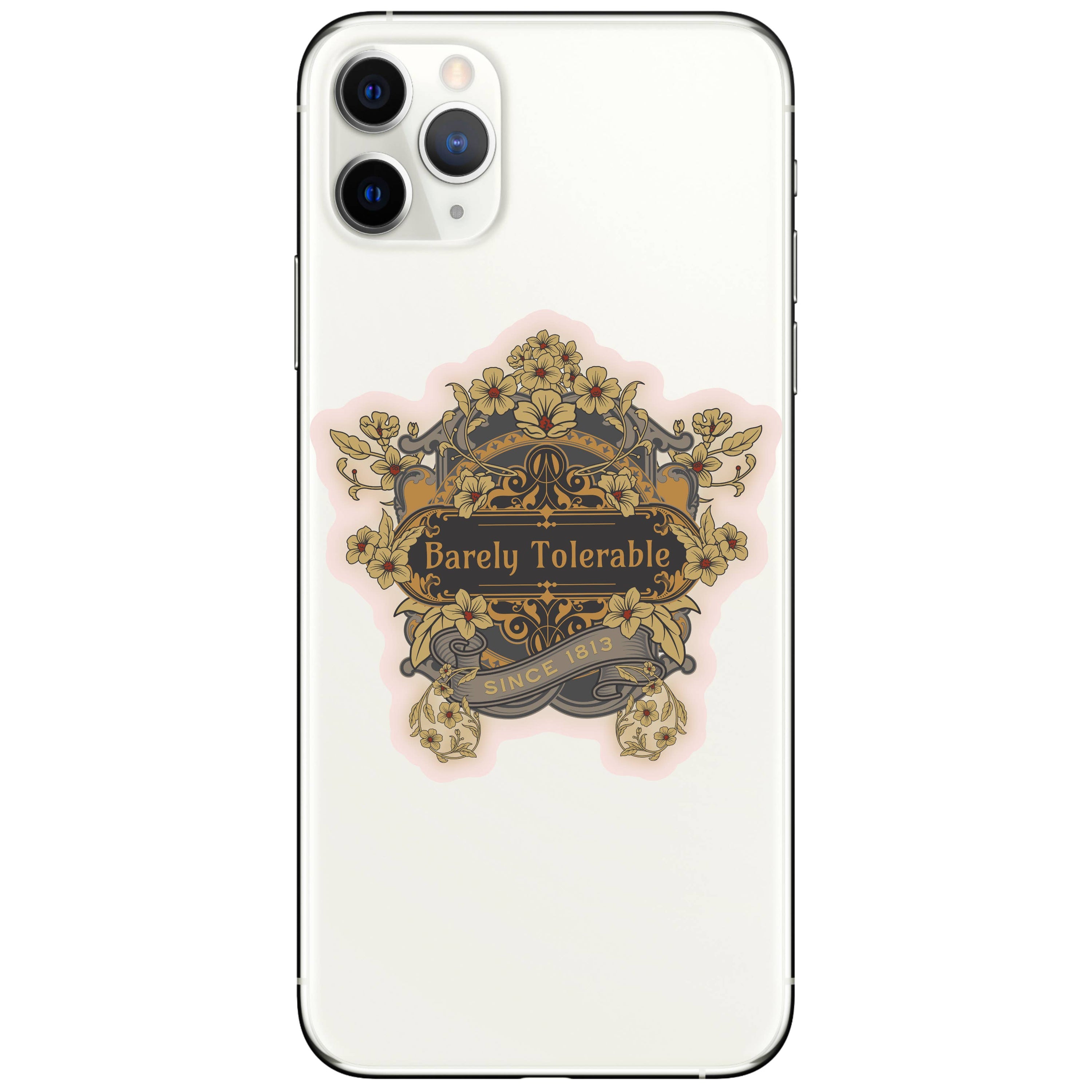 Phone case with decorative emblem and text &