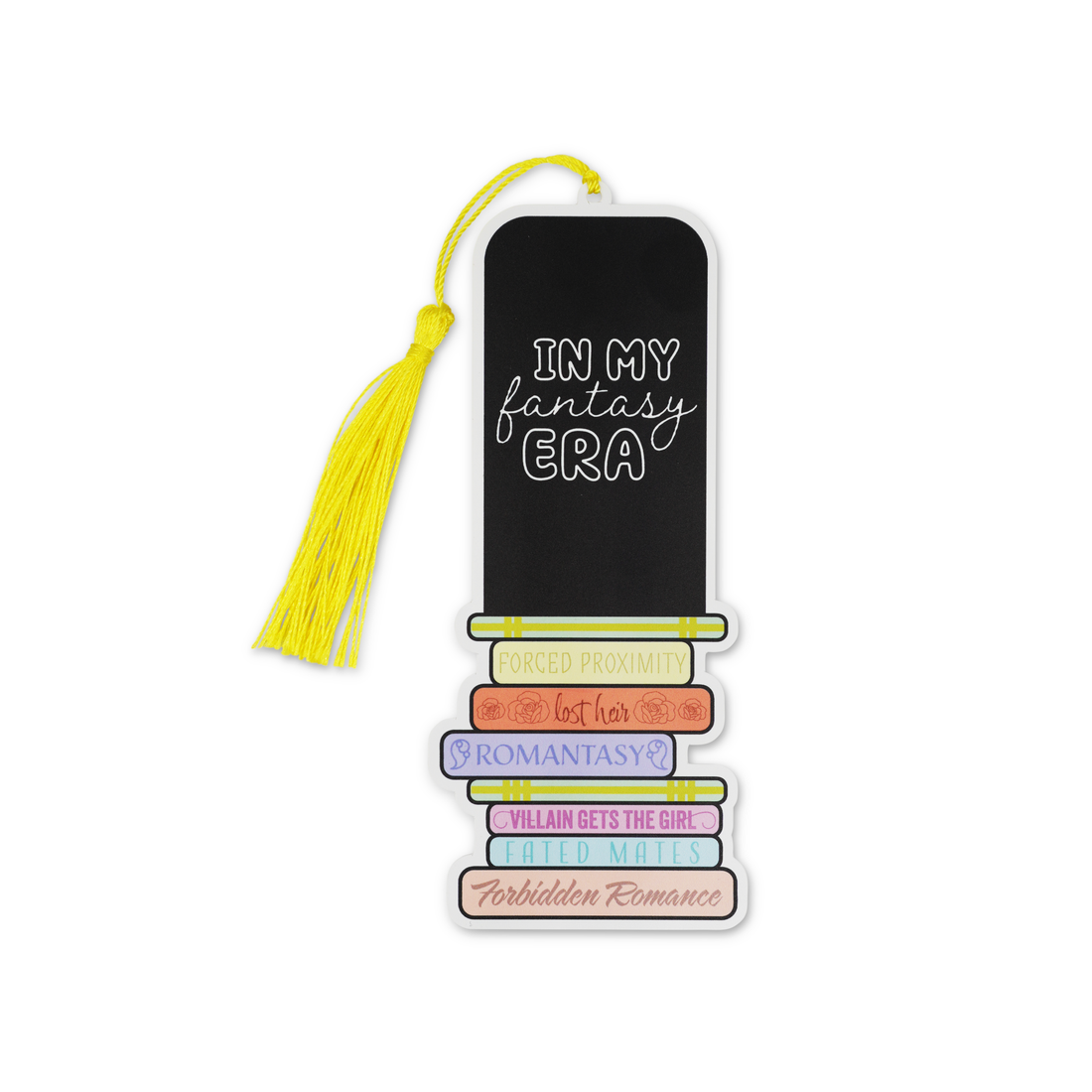 Book-shaped bookmark with tassel and text on a white background