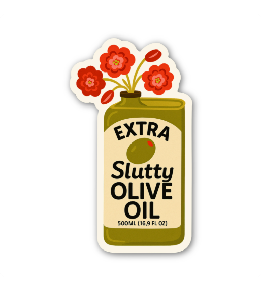 Sticker design of an olive oil bottle with flowers on a white background