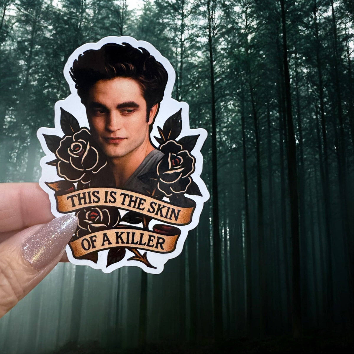 A die-cut sticker featuring a portrait of Edward Carter from The Twilight Saga, with black roses and the text &