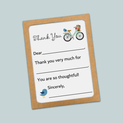 The image is a thank you card with a bicycle and a bird on it. The card has a blank space for a response and a message that says "You are so thoughtful!"
