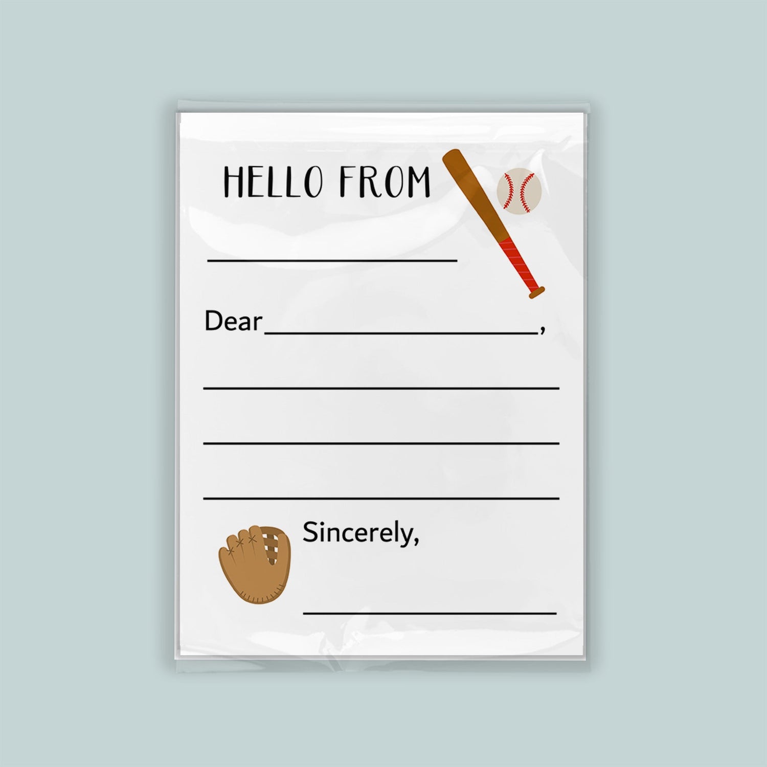 The image is a white envelope with a baseball-themed design, including a baseball bat, ball, and glove. The envelope has a blank space for a message and a blank space for a signature.