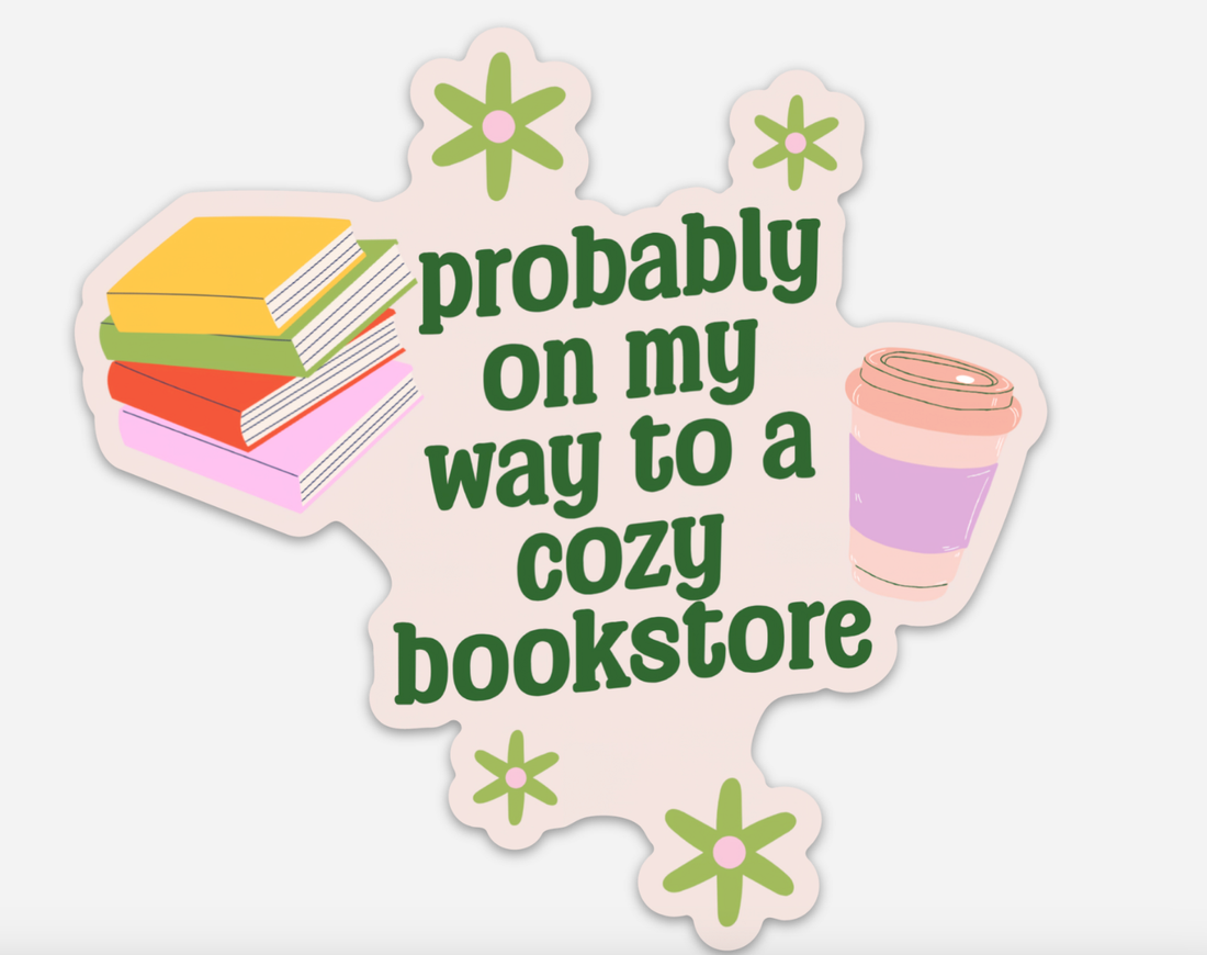 Sticker with books, flowers, and a coffee cup on a light pink background with text &