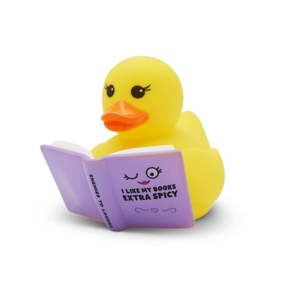 Yellow rubber duck reading a purple book with text on a white background