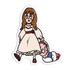 A die-cut cartoon sticker featuring a girl in a cream dress with a red sash and a small child peeking out from behind her, shown on a plain white background.