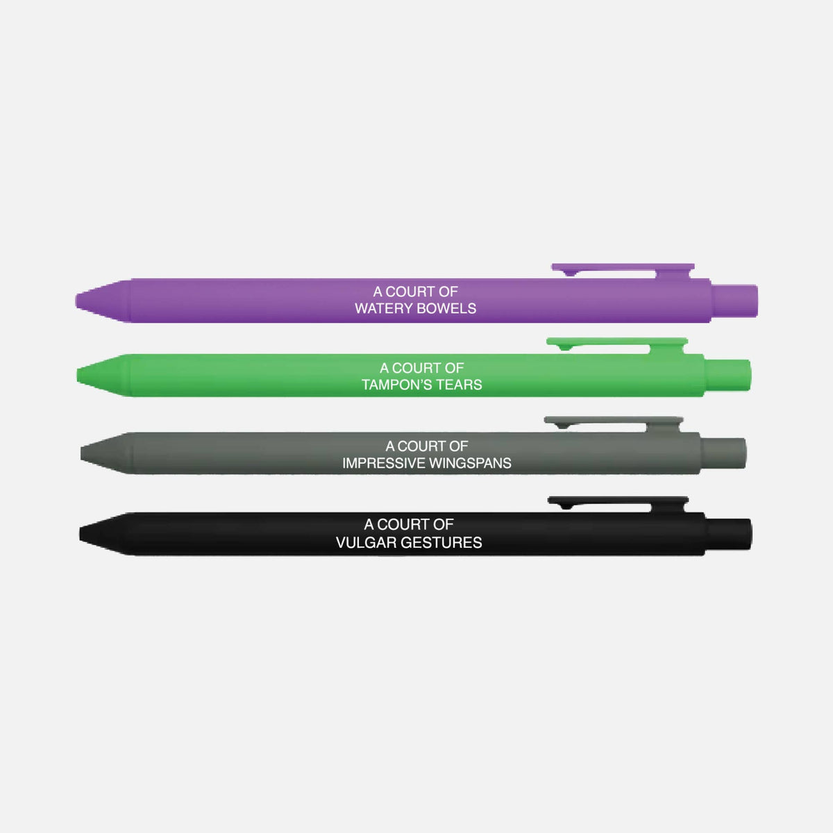 Four pens with text on a white background