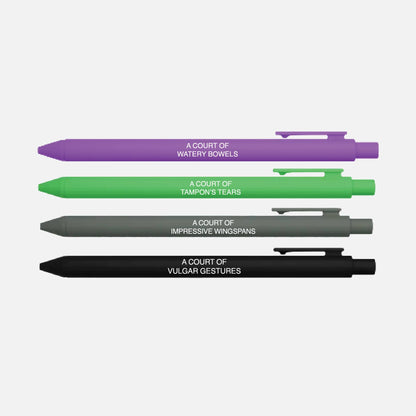 Four pens with text on a white background