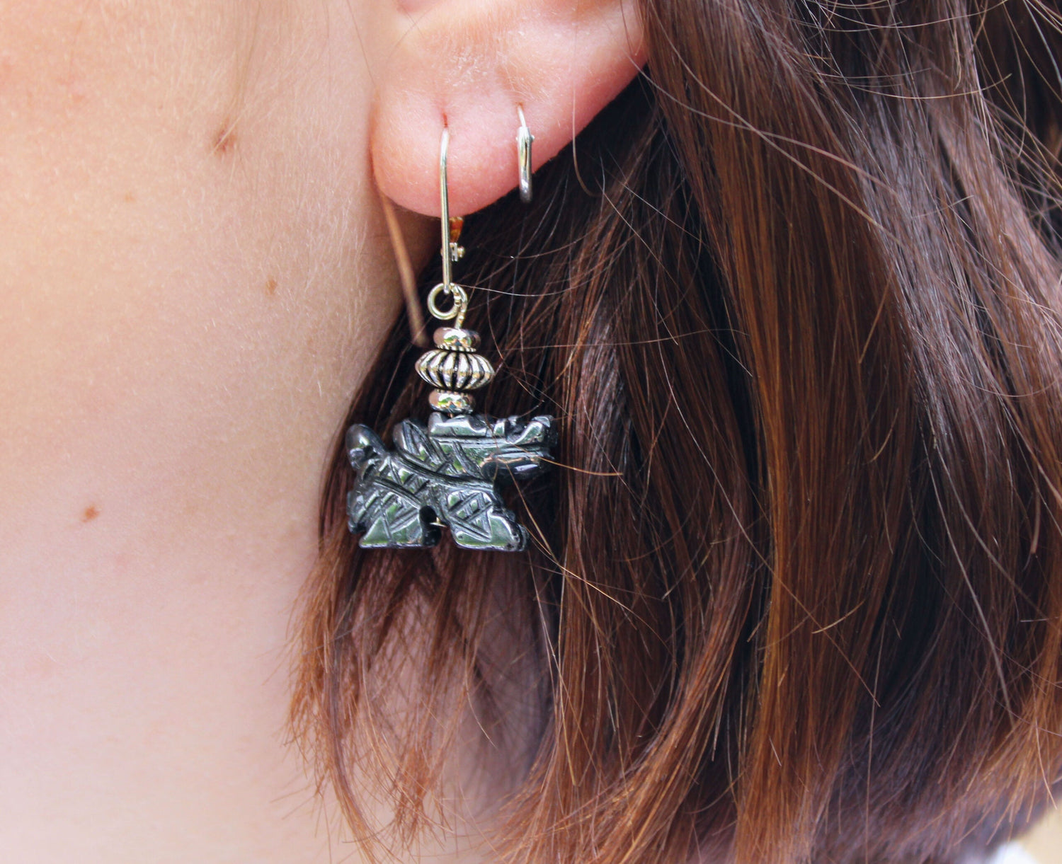 Carved hematite dragon jewelry set, earring and necklace for the fantasy lover