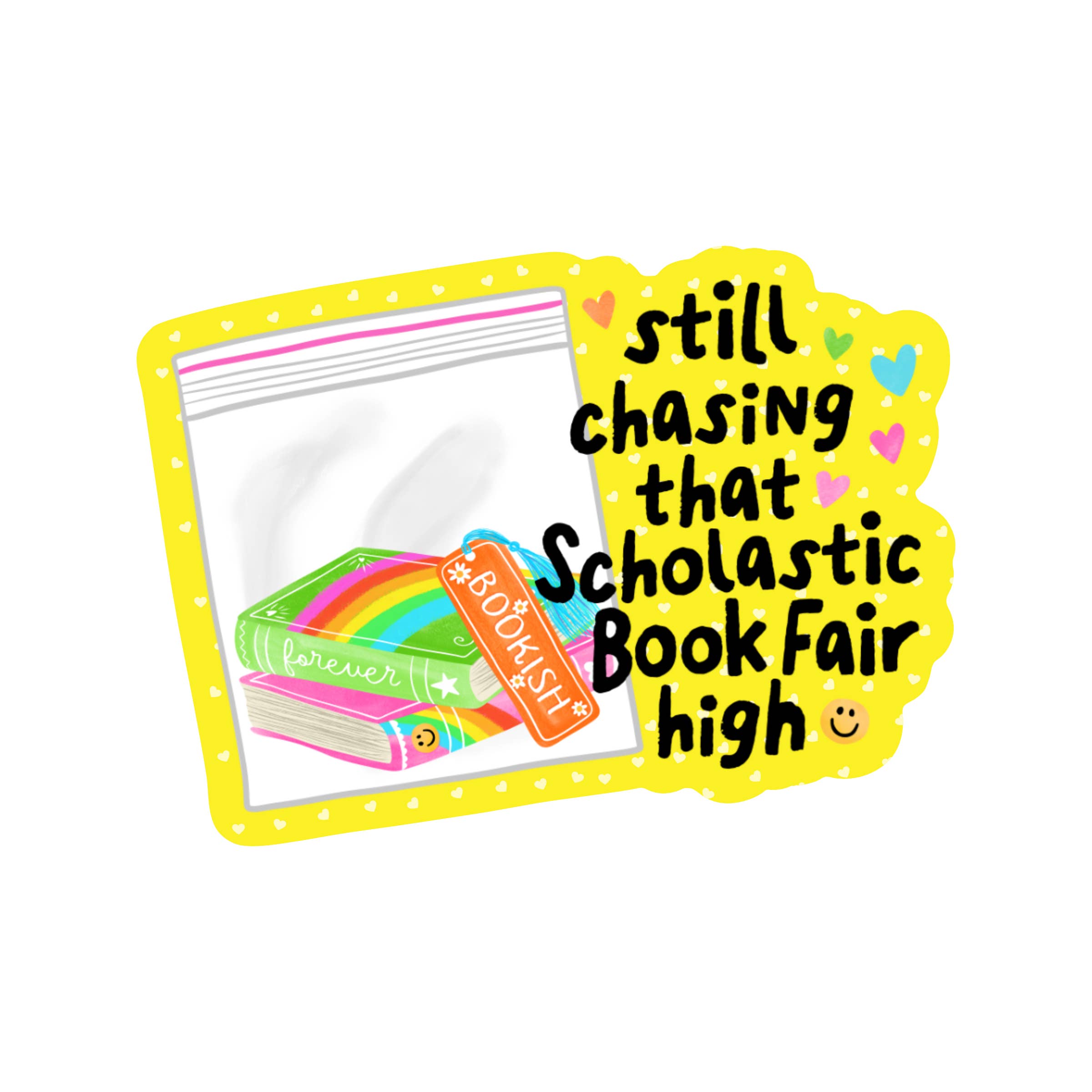 Packaging with books and a rainbow design, featuring text &