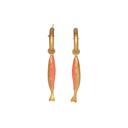 Handmade in colombia, gold fish and enamel hoop earrings, chicago ethical jewelry and accessories