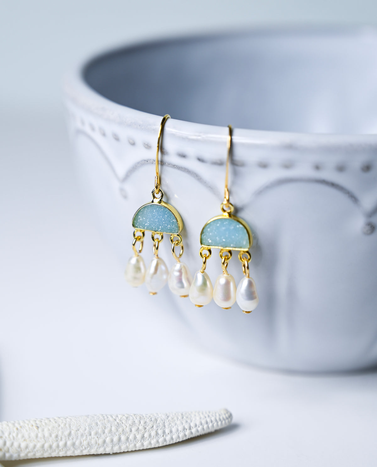 Blue Chalcedony Drusy and Keshi Pearl Chandelier Earrings, Gold Boho Jewelry