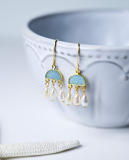 Blue Chalcedony Drusy and Keshi Pearl Chandelier Earrings, Gold Boho Jewelry