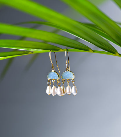 Blue Chalcedony Drusy and Keshi Pearl Chandelier Earrings, Gold Boho Jewelry