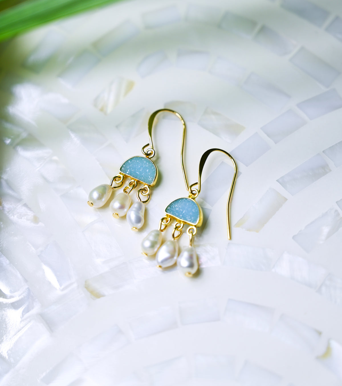 Blue Chalcedony Drusy and Keshi Pearl Chandelier Earrings, Gold Boho Jewelry