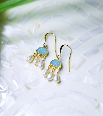 Blue Chalcedony Drusy and Keshi Pearl Chandelier Earrings, Gold Boho Jewelry