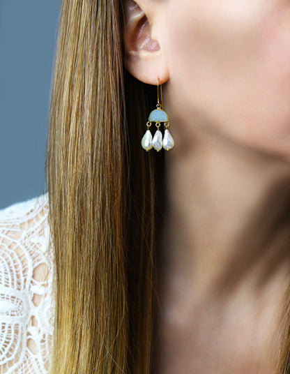 Blue Chalcedony Drusy and Keshi Pearl Chandelier Earrings, Gold Boho Jewelry