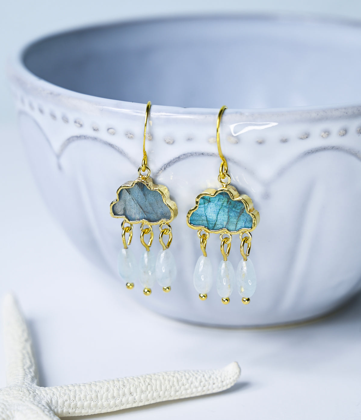 Labradorite and Aquamarine Rain Cloud Chandelier Earrings, Gold Boho Jewelry