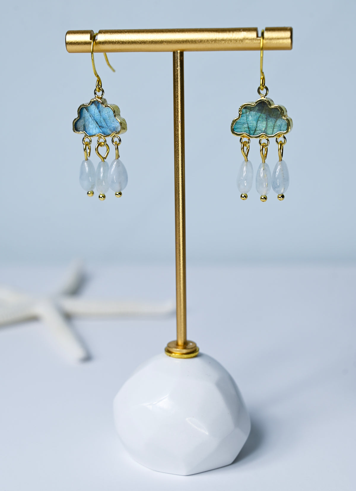 Labradorite and Aquamarine Rain Cloud Chandelier Earrings, Gold Boho Jewelry