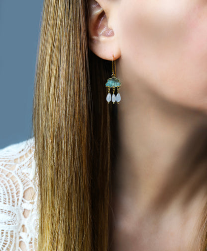 Labradorite and Aquamarine Rain Cloud Chandelier Earrings, Gold Boho Jewelry
