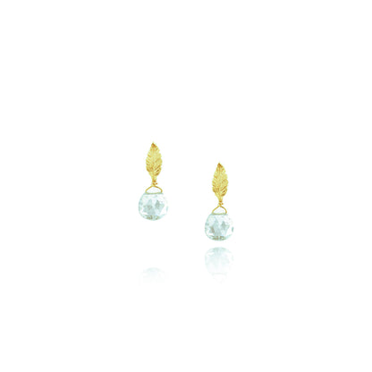 gold leaf stud earrings with aquamarine teardrop, ethical jewelry online in chicago 