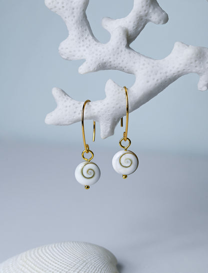 Close up of white shiva eye shell and gold drop earrings hanging on a white coral branch.