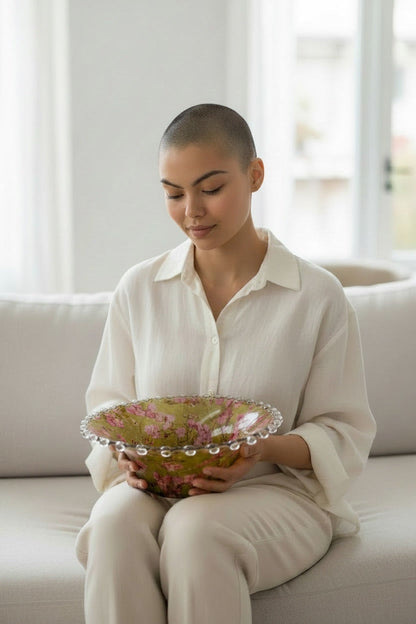 Medium Sized Vintage Bowl with Ball Edging Decoupaged in Two Contrasting Japanese Art Papers