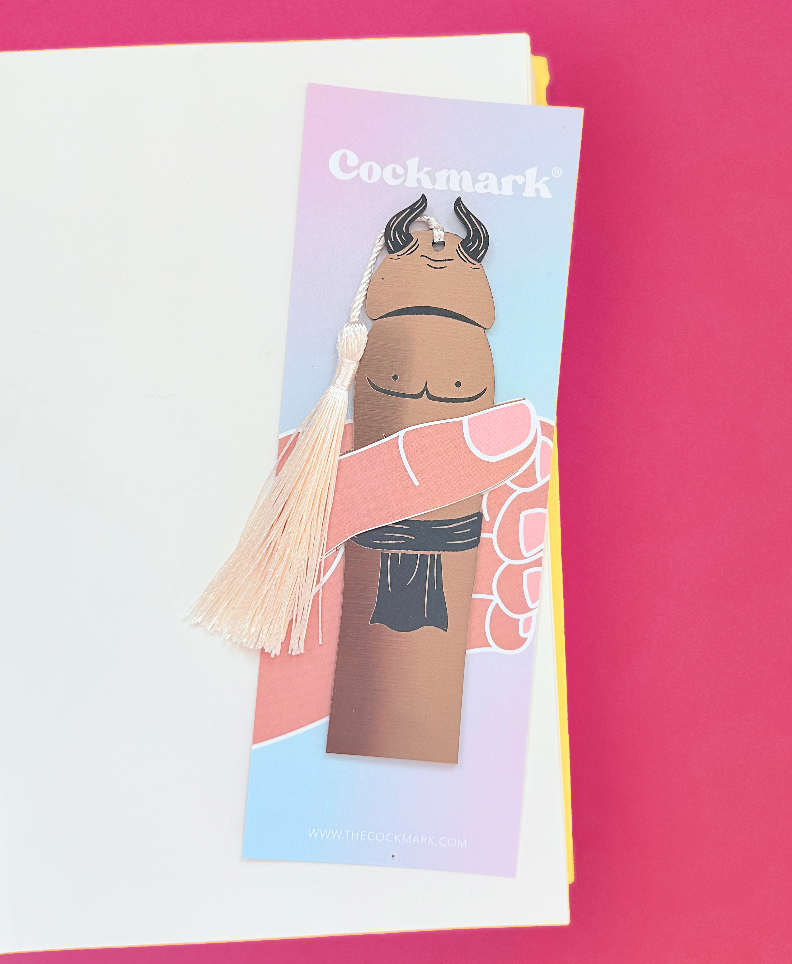 Bookmark with cartoon character and tassel on a pink background