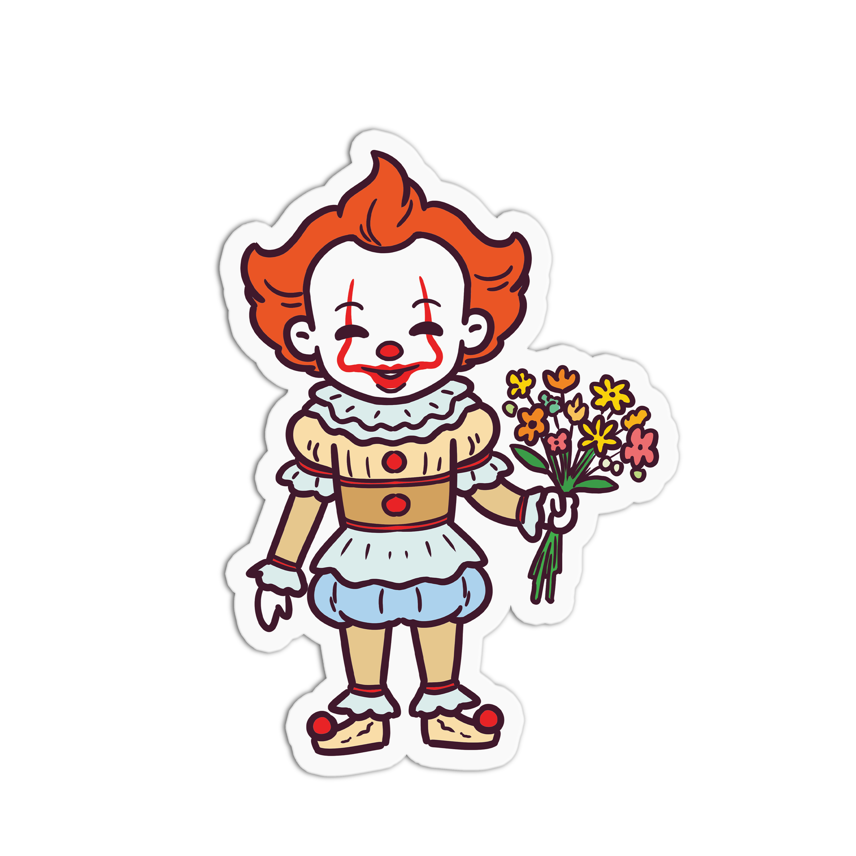Sticker of a clown character holding flowers on a white background