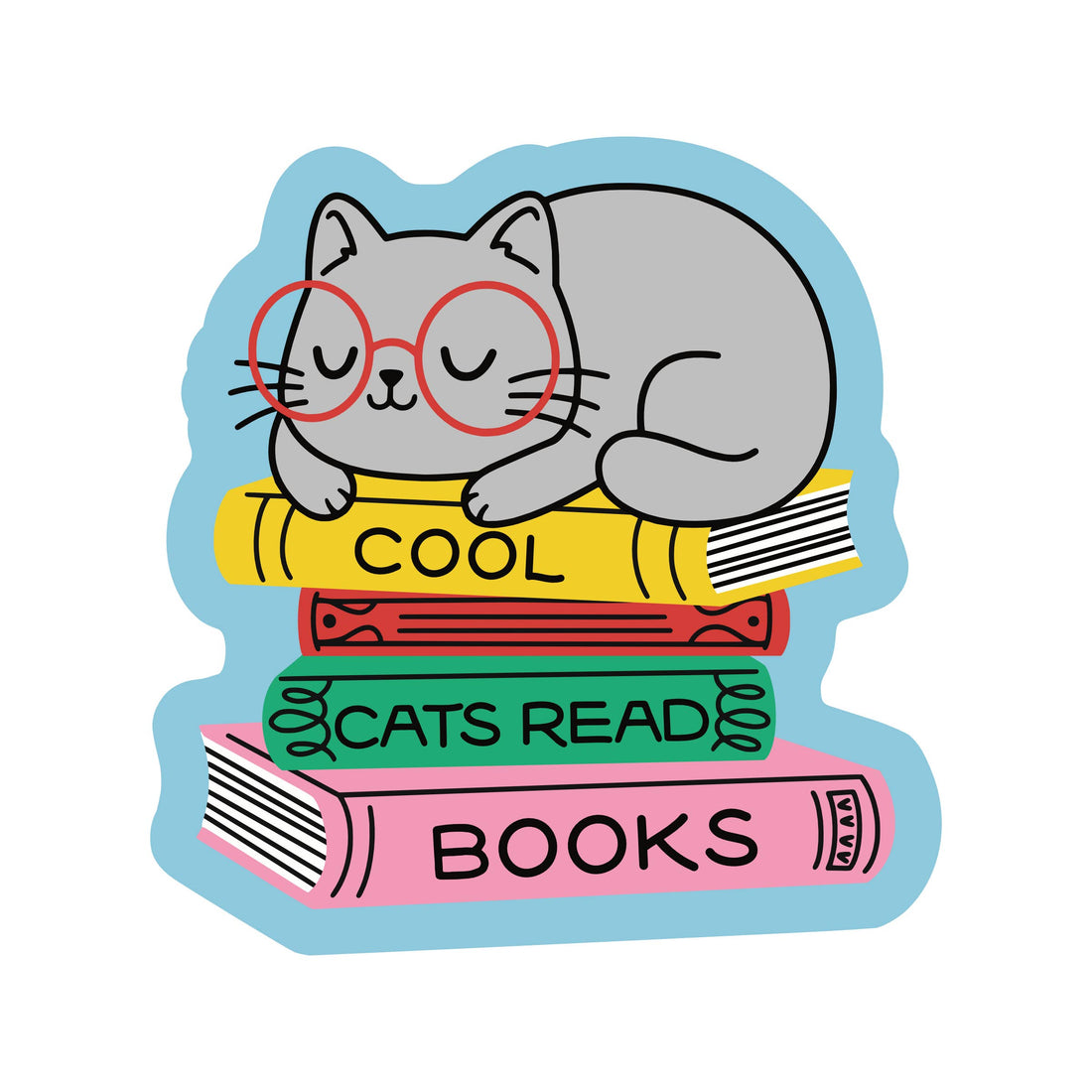 Sticker with a cat wearing glasses on top of books with text