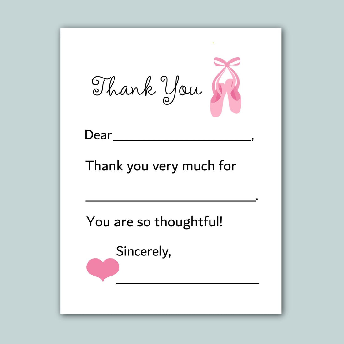 The image is a white card with a pink ballet shoe graphic and a heart symbol. The card has a message written in black cursive font, expressing gratitude and appreciation.