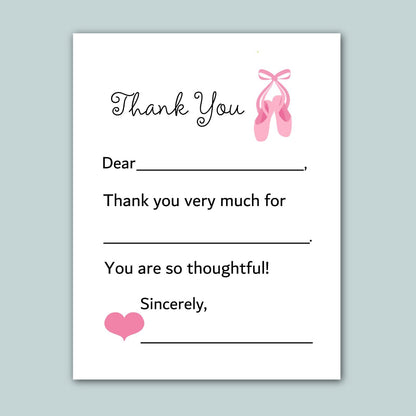 The image is a white card with a pink ballet shoe graphic and a heart symbol. The card has a message written in black cursive font, expressing gratitude and appreciation.