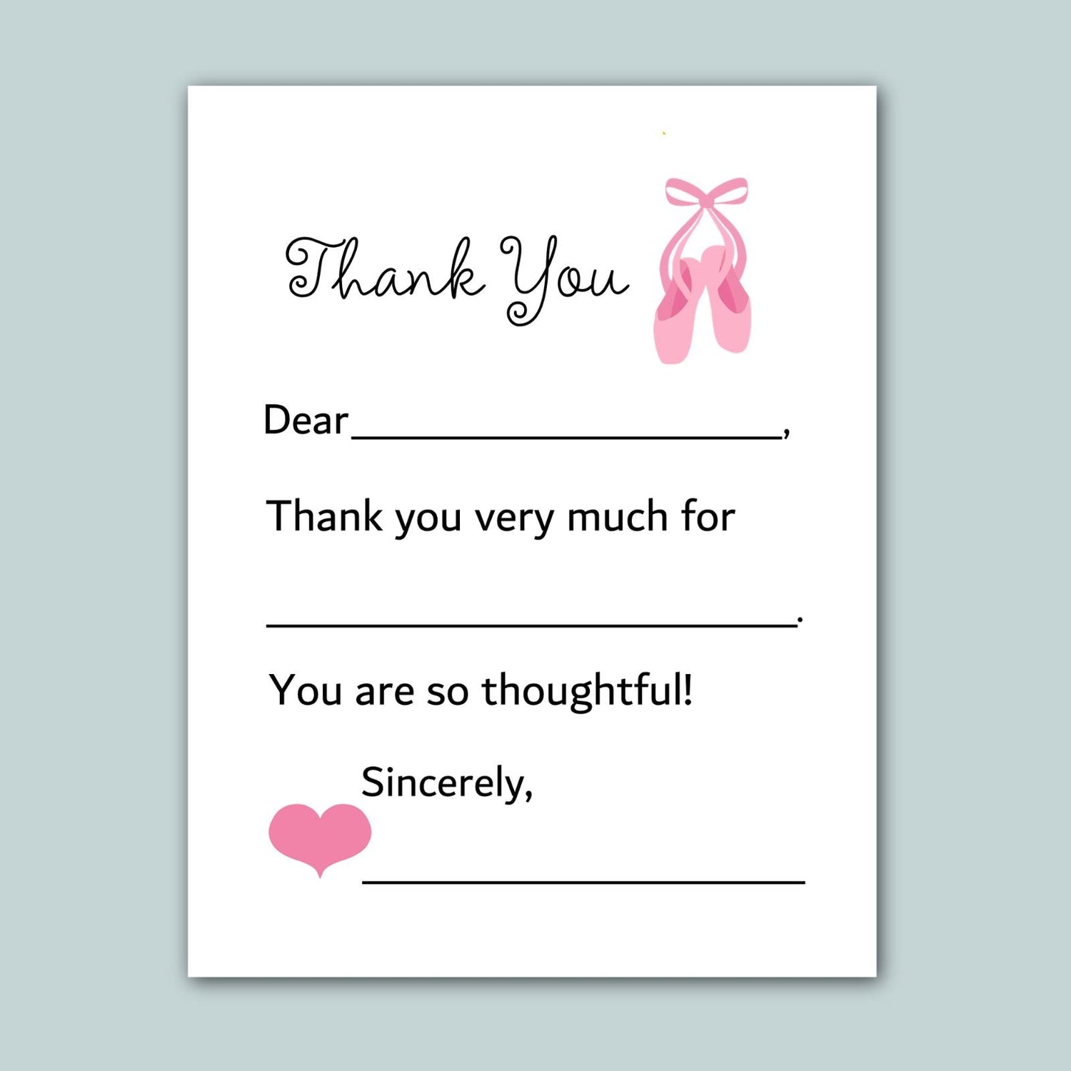 The image is a white card with a pink ballet shoe graphic and a heart symbol. The card has a message written in black cursive font, expressing gratitude and appreciation.