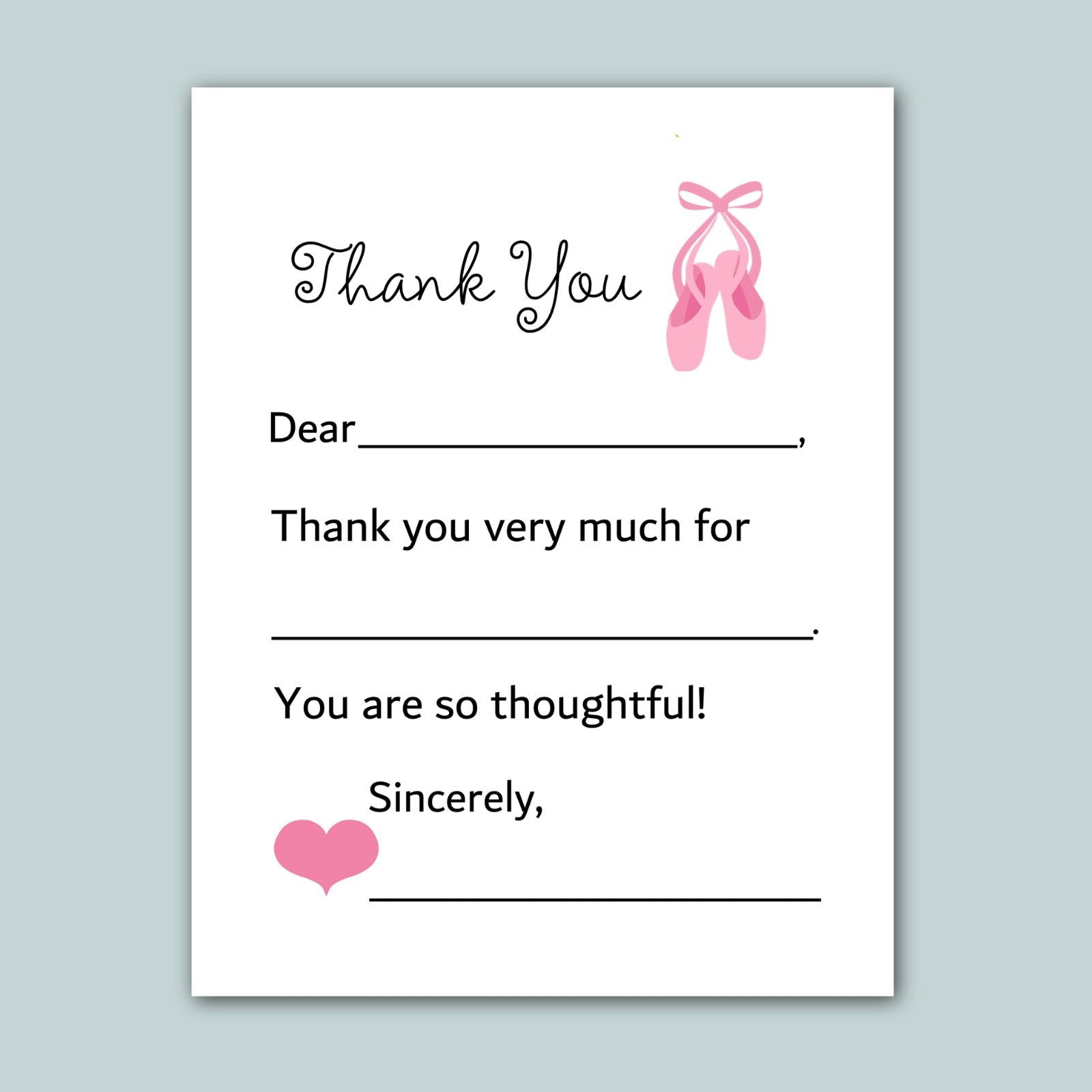 The image is a white card with a pink ballet shoe graphic and a heart symbol. The card has a message written in black cursive font, expressing gratitude and appreciation.