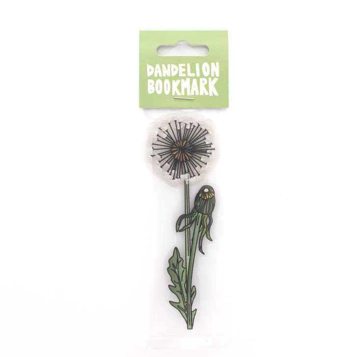 Dandelion bookmark on a white background with a green label