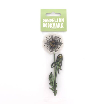 Dandelion bookmark on a white background with a green label