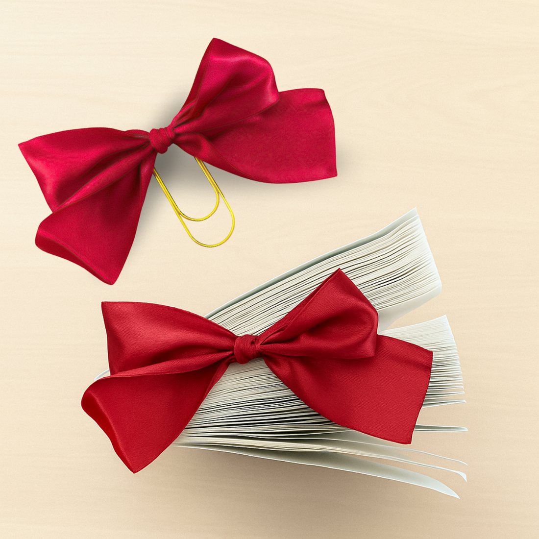 Red satin bow bookmarks with a book against a beige background