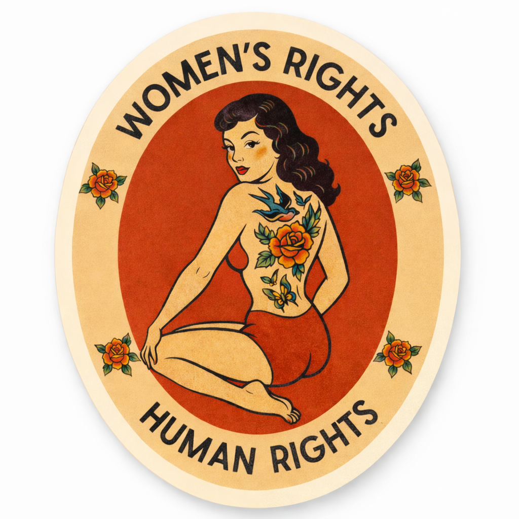 Sticker with a vintage-style illustration of a woman with tattoos and &