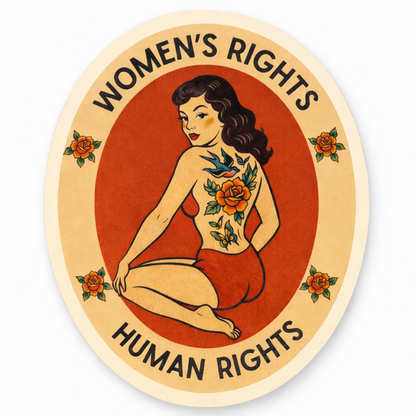 Sticker with a vintage-style illustration of a woman with tattoos and &