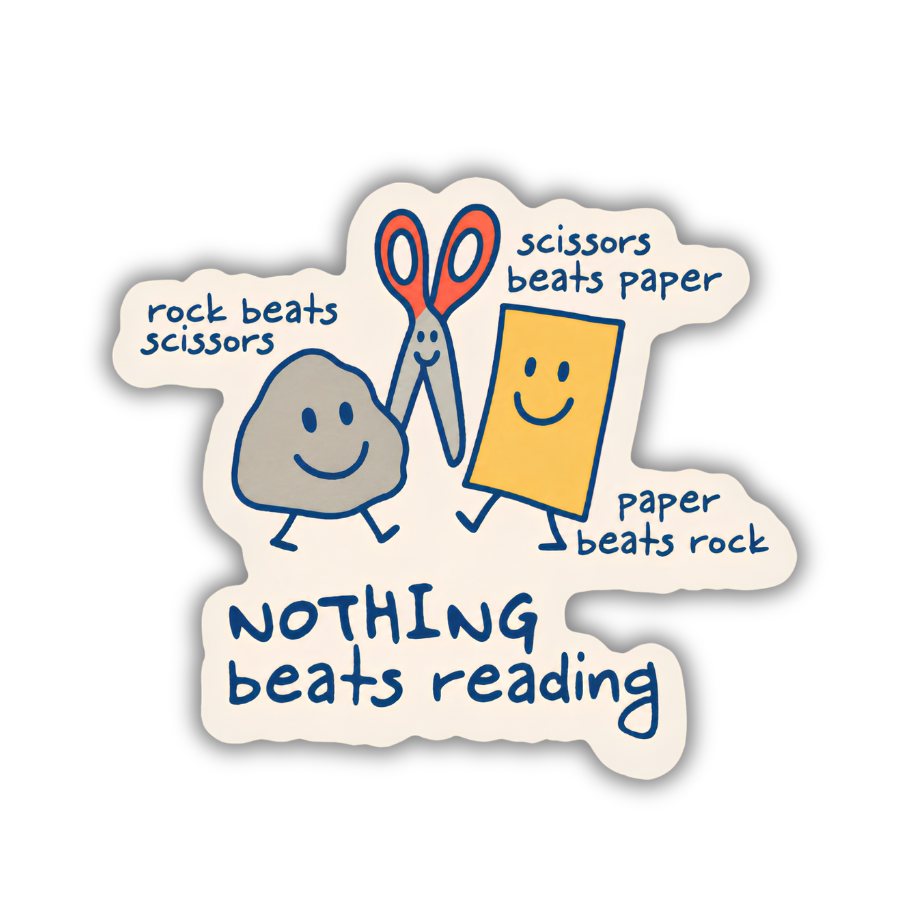 A die-cut sticker featuring a playful illustration with the text &