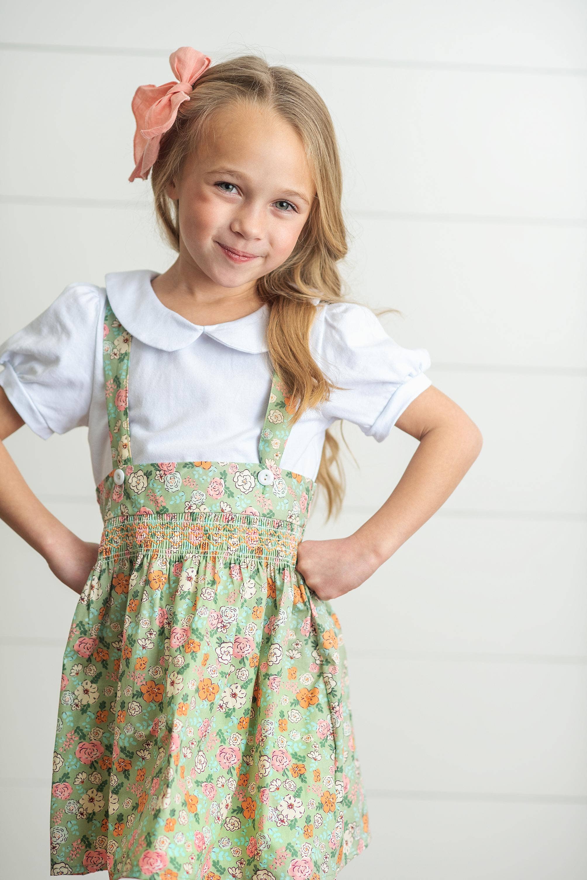 Kids Sage &amp; White Floral Jumper Skirt Easter Collar Set