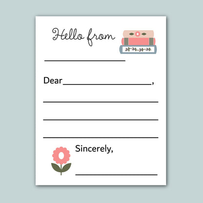 The image is a blank letterhead with a floral design and a stack of books on top. The letterhead has a blank space for the recipient&