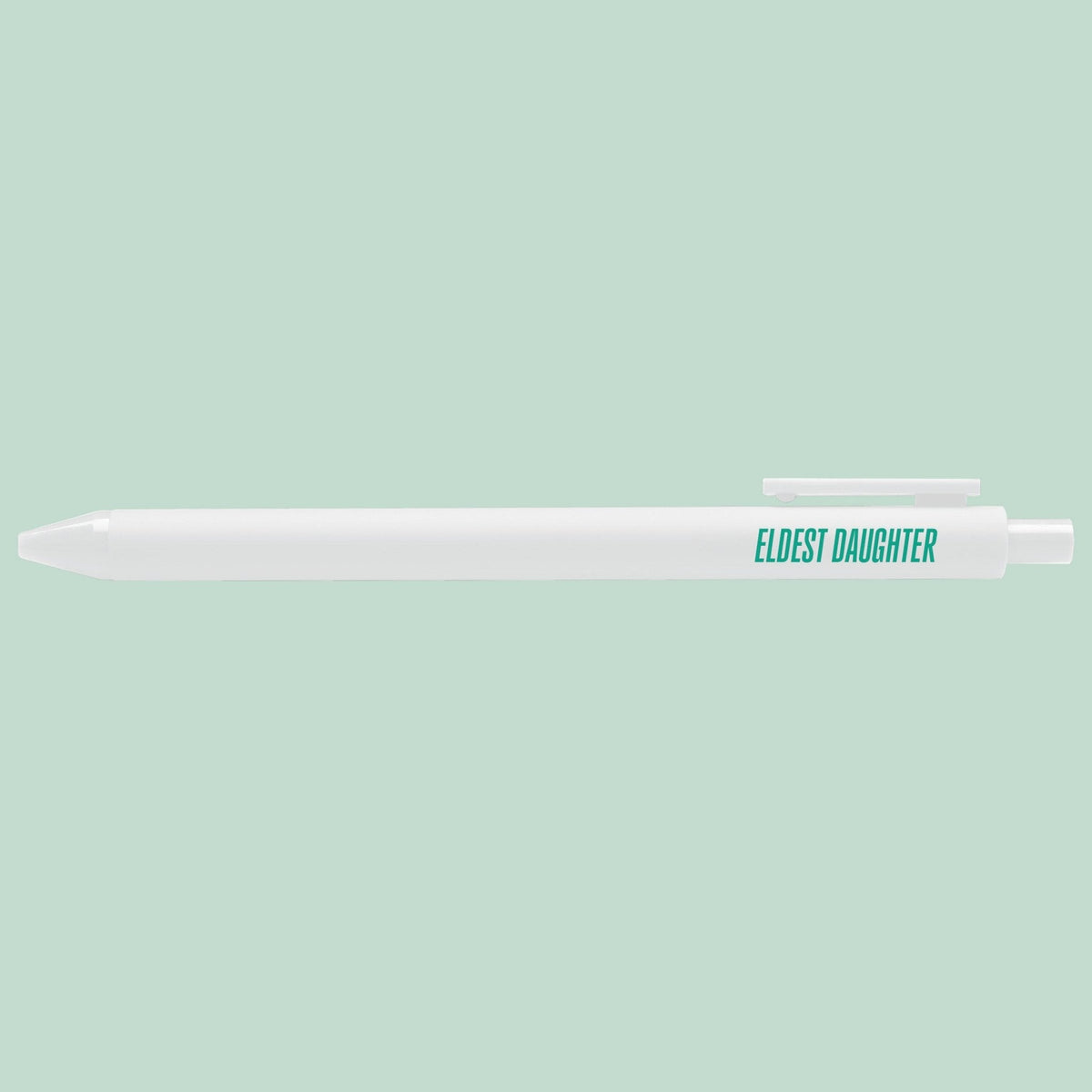 Eldest Daughter pen flat lay — funny desk pen and stationery gift by indie artist MangoIllustrated