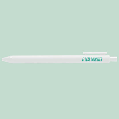 Eldest Daughter pen flat lay — funny desk pen and stationery gift by indie artist MangoIllustrated