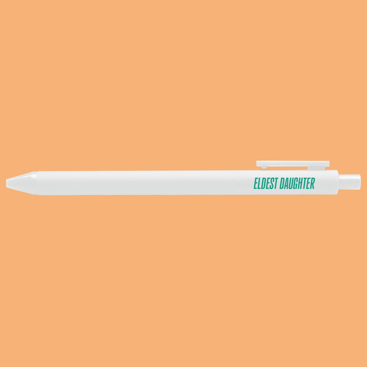 Eldest Daughter pen — white barrel with teal printed lettering, 0.5mm fine point, by MangoIllustrated