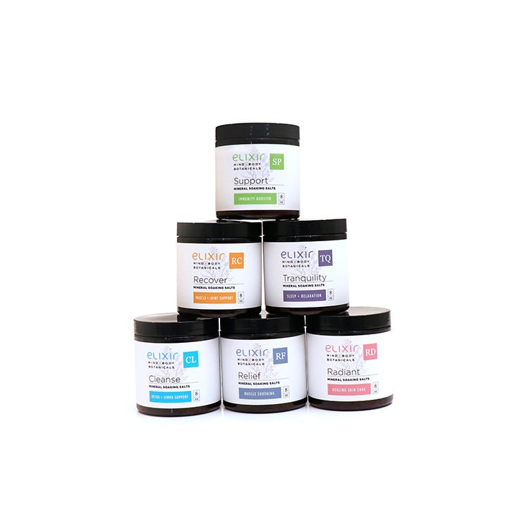 6 Blends of Elixir Mind Body Botanicals Mineral Soaking Salts are available at Elixir Mind Body Boutique