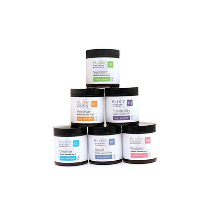 6 Blends of Elixir Mind Body Botanicals Mineral Soaking Salts are available at Elixir Mind Body Boutique