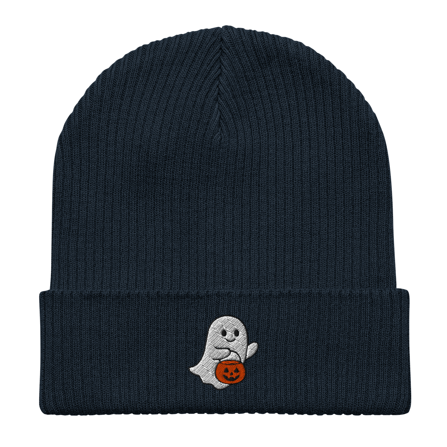 Embroidered Ghost Halloween | Organic Cotton Ribbed Beanie - Heartland Stitch