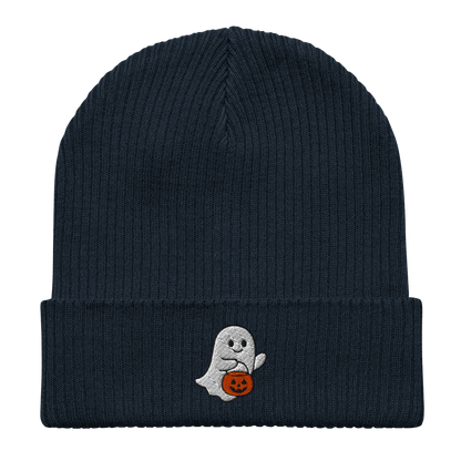 Embroidered Ghost Halloween | Organic Cotton Ribbed Beanie - Heartland Stitch